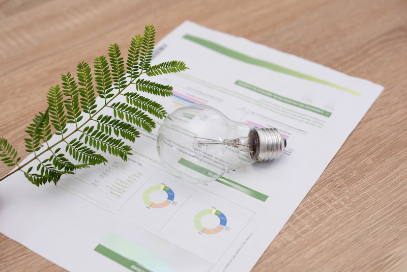 elräkning, blad och glödlampa